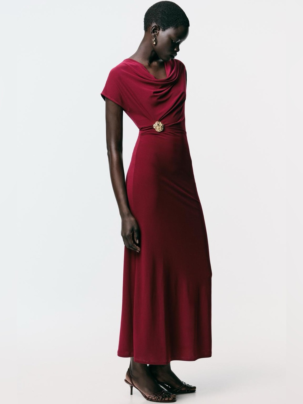 Zara Burgundy Cowl Neck Maxi Dress with Gold Waist Accent
